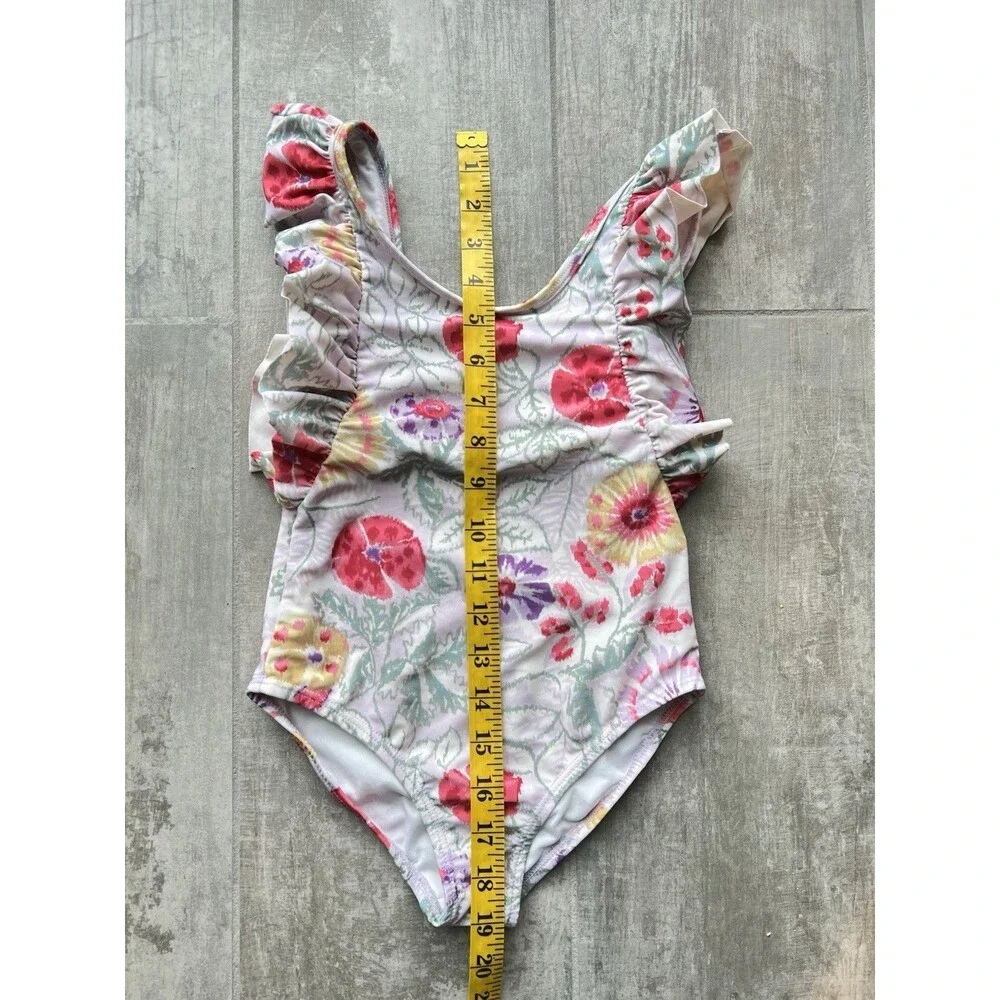 Girls One Piece Ruffle Floral Hawaiian Print Watercolor Cute Beach Swim S 5-6